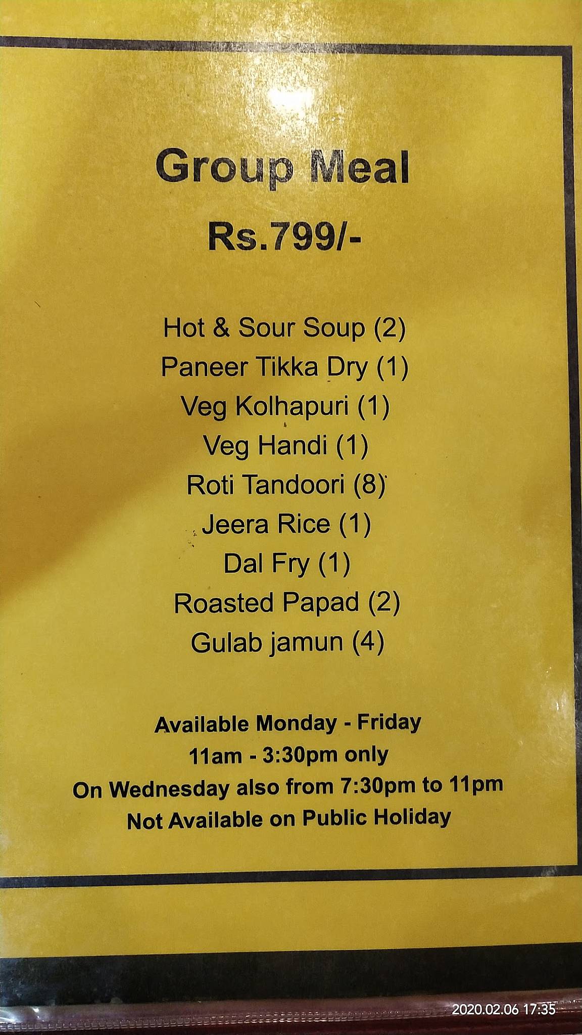 Raja Hotel menu
