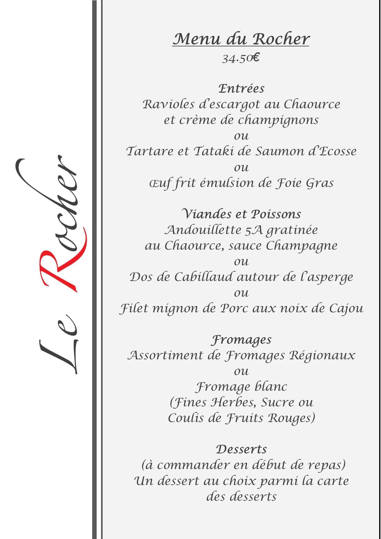 Menu de Restaurant Le Rocher