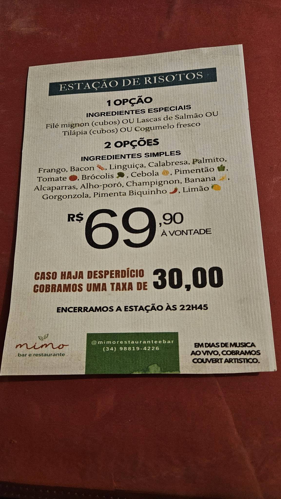 Mimo Risotteria cardápio