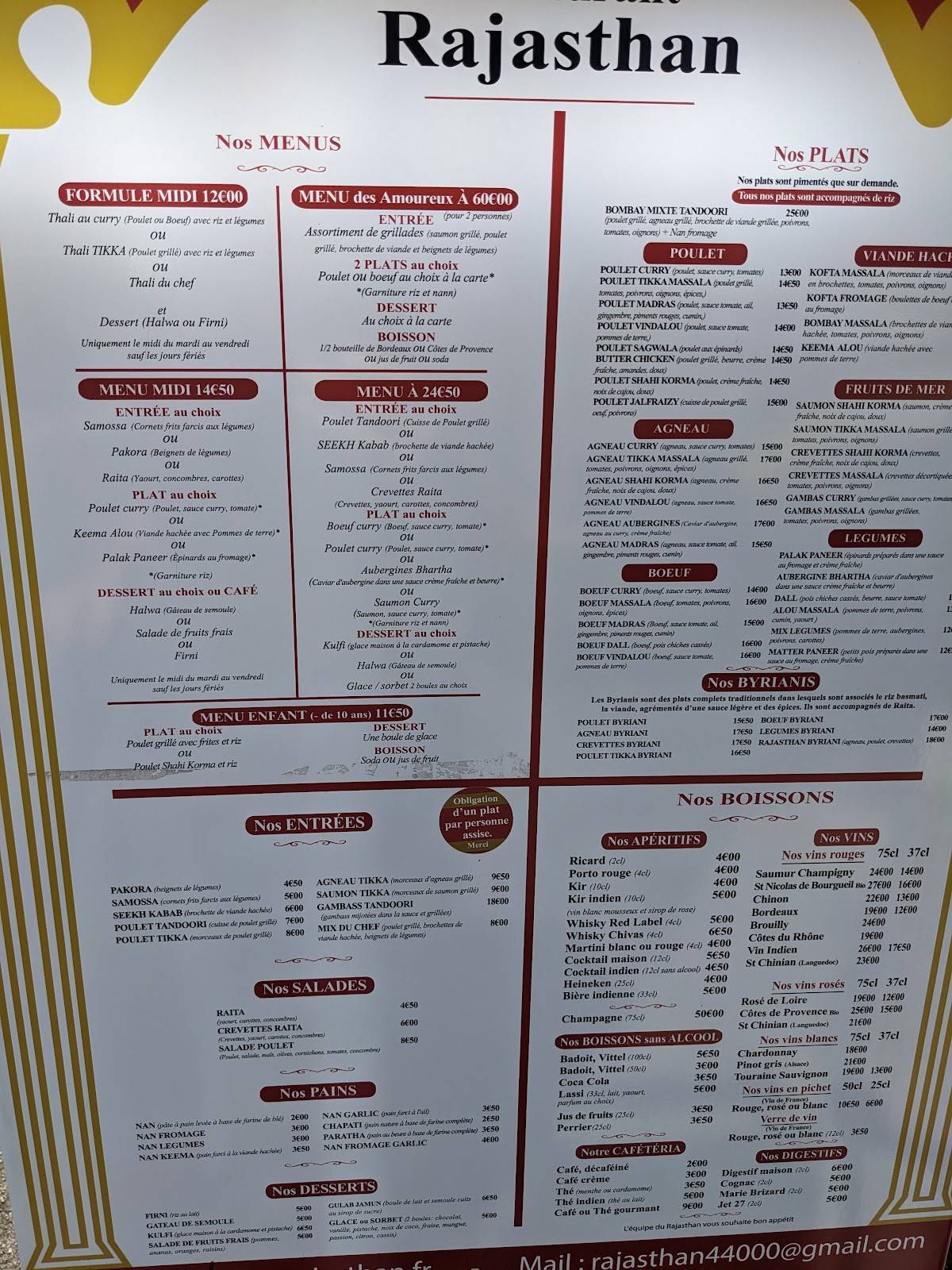 Menu de Restaurant Rajasthan