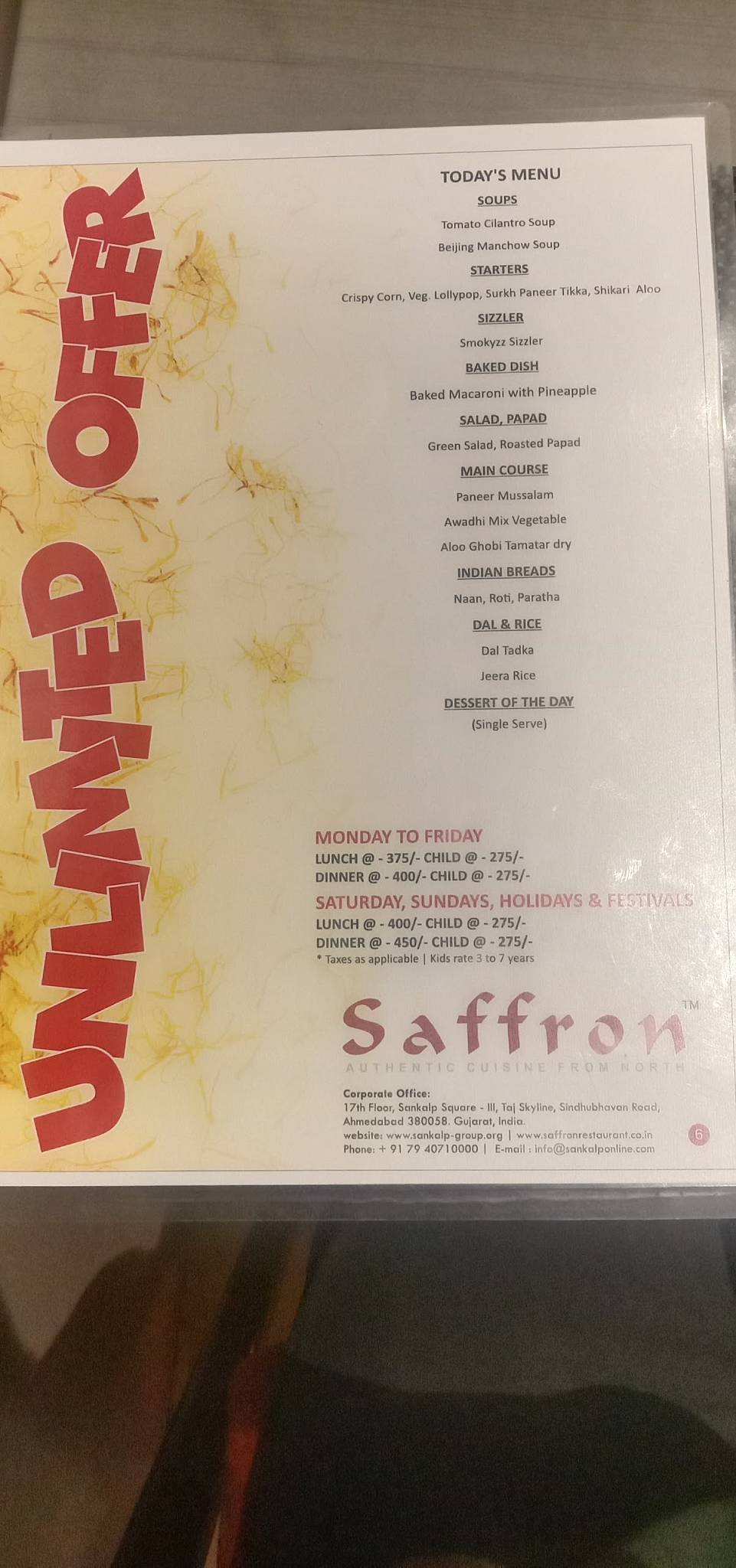 Saffron Restaurant menu