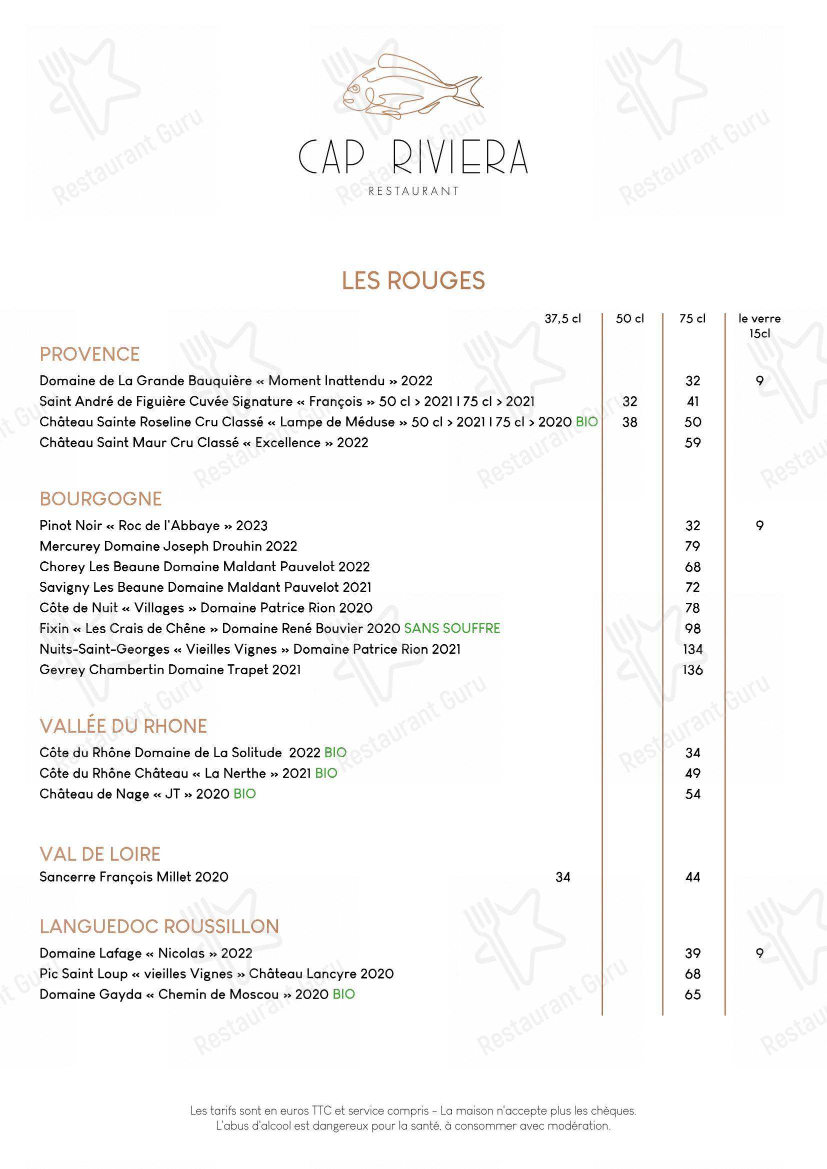 Menu pour Cap Riviera - 菜单