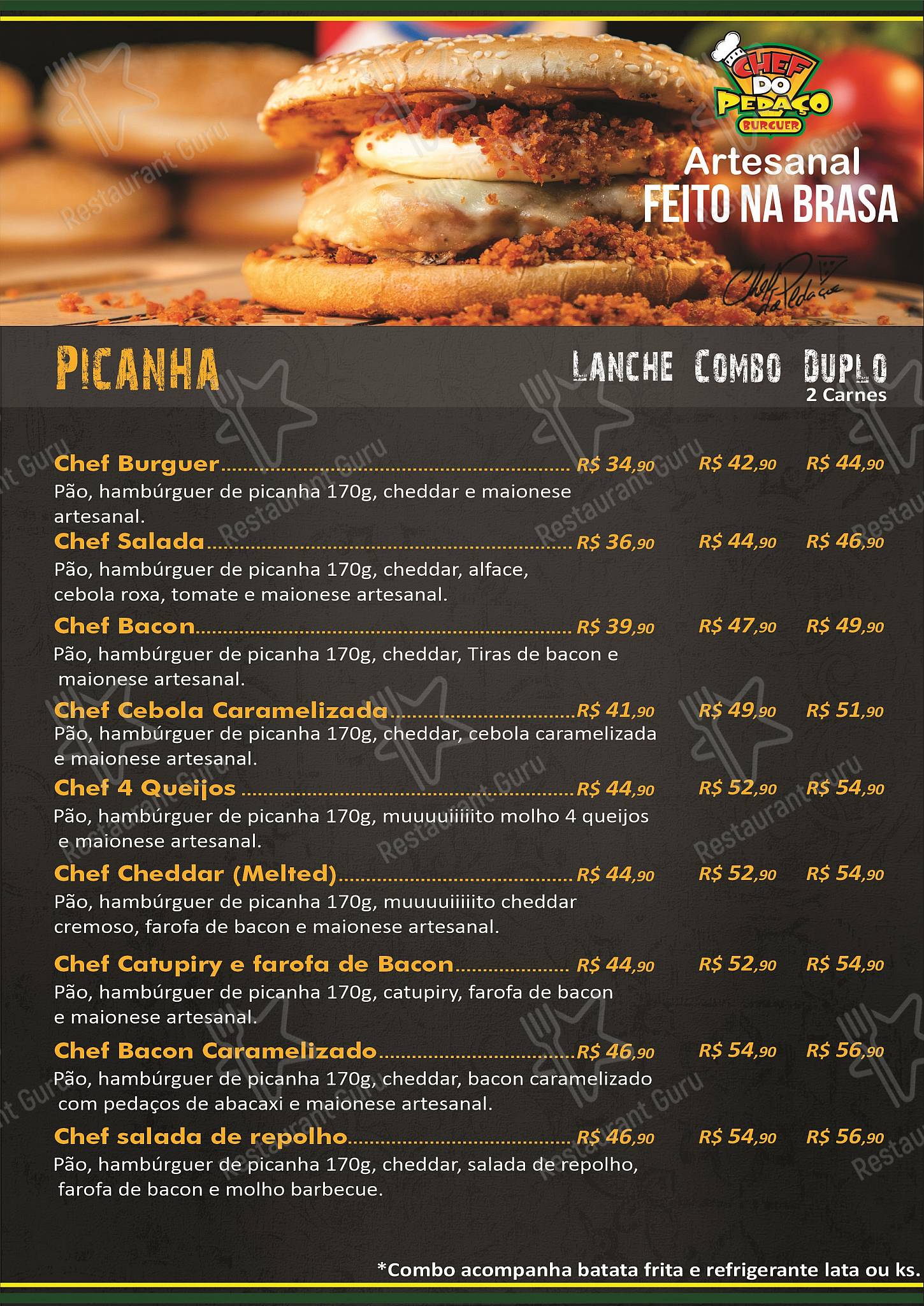 Chef do Pedaço Burger menu - refeições e bebidas