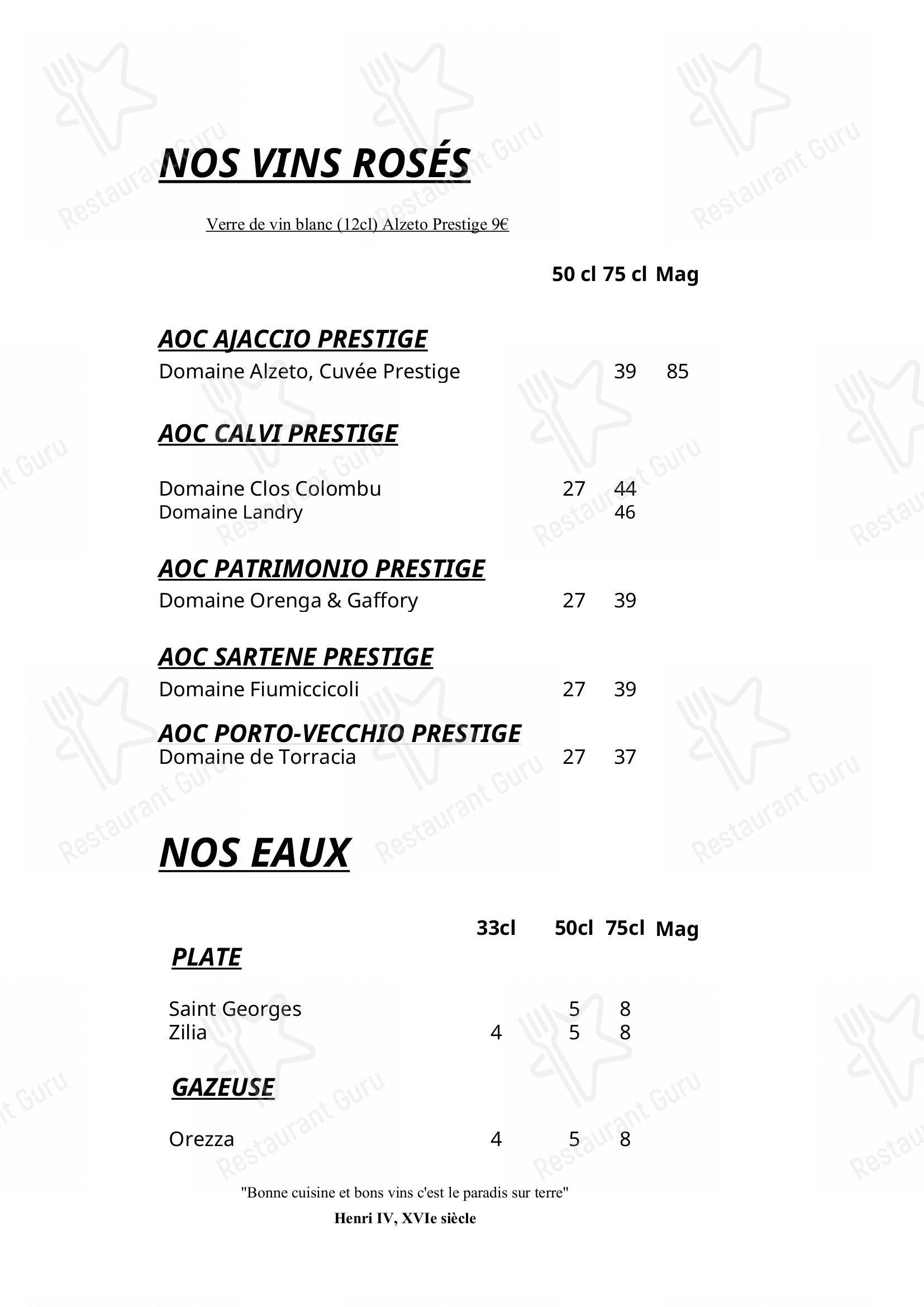 Menu bar pour Les Roches Rouges dans Piana