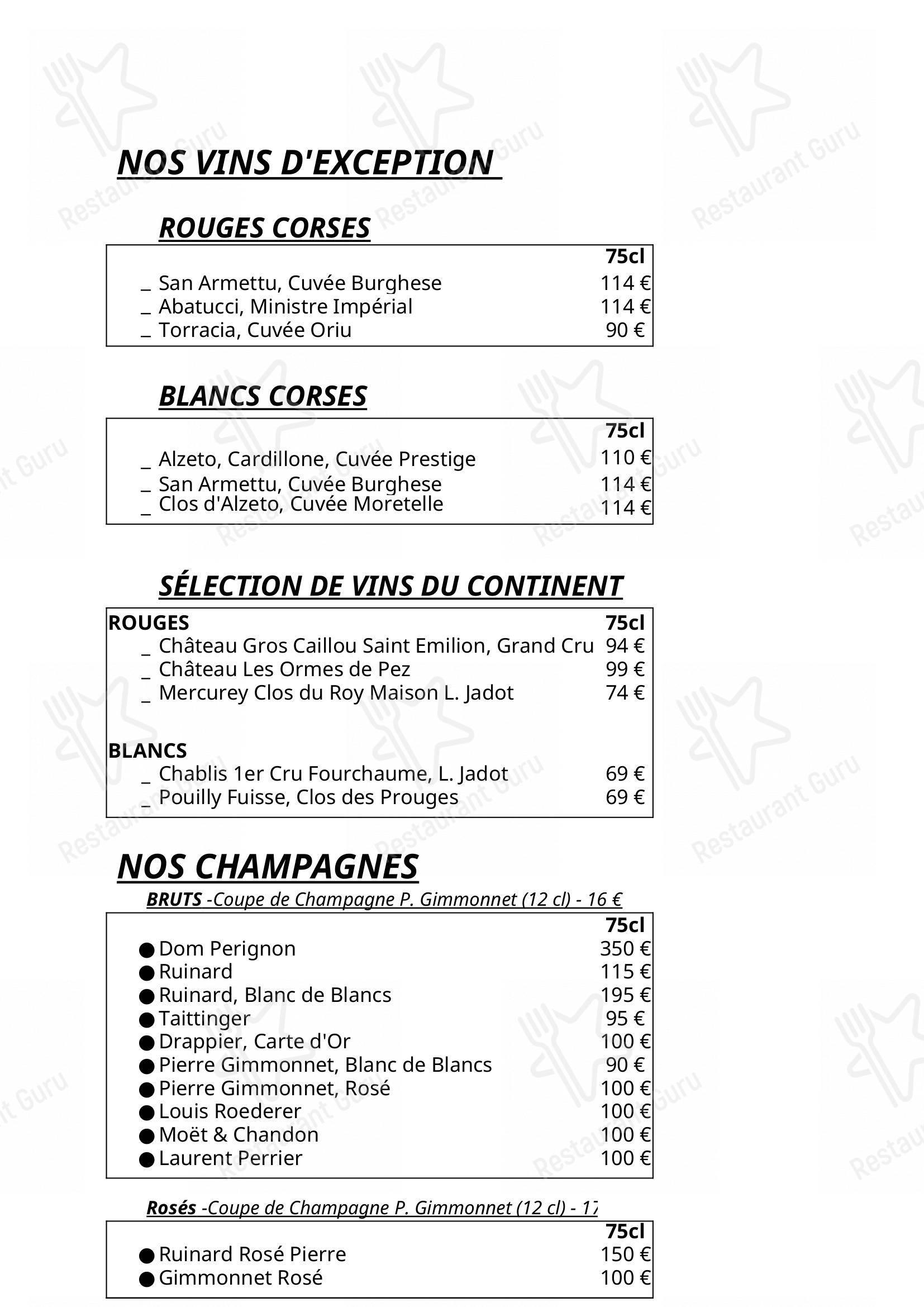 Menu bar pour Les Roches Rouges dans Piana