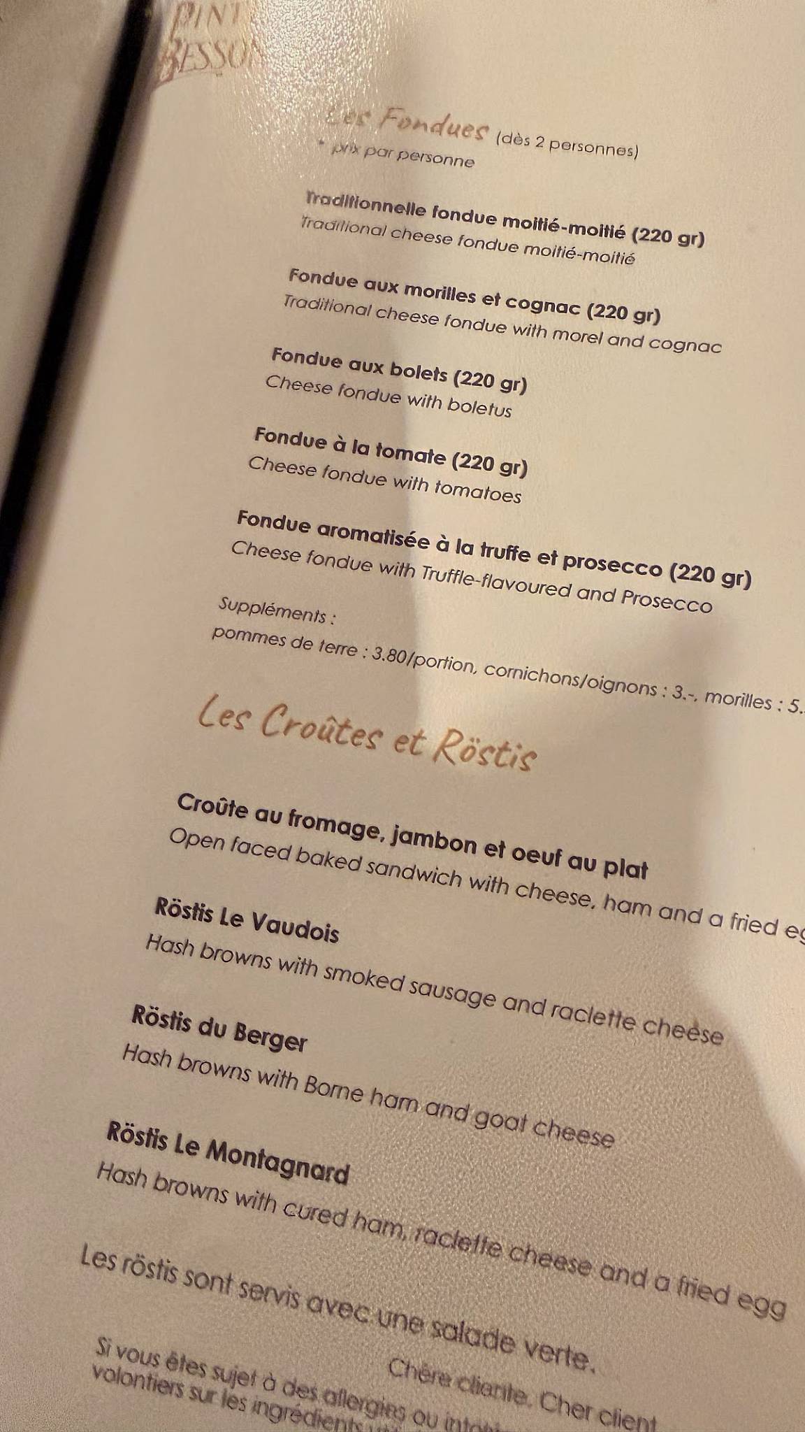 Menu de Pinte Besson