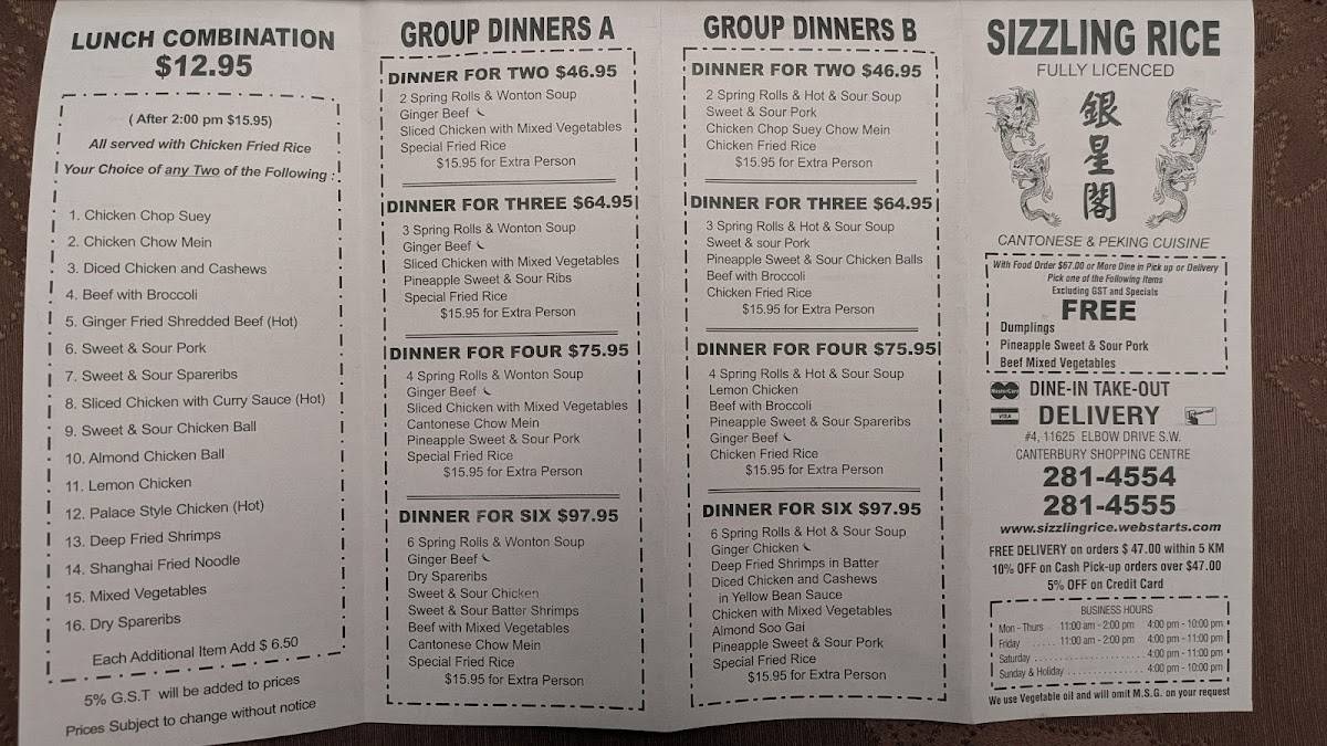 Menu de Sizzling Rice