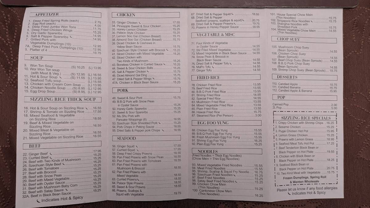 Menu de Sizzling Rice