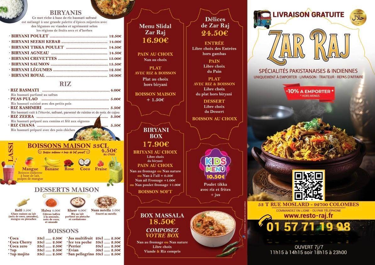 Menu de Zar Raj