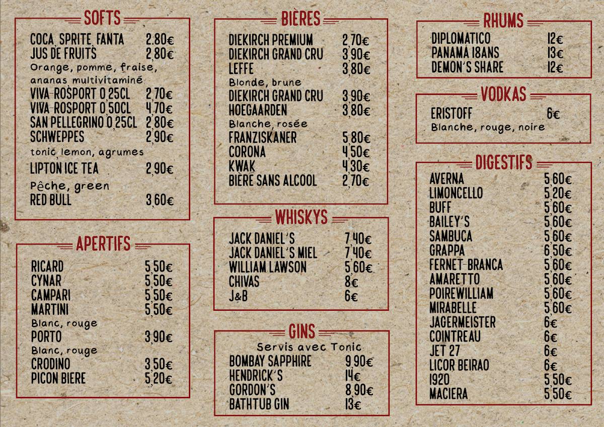 Menu de Brasserie Terres Rouges