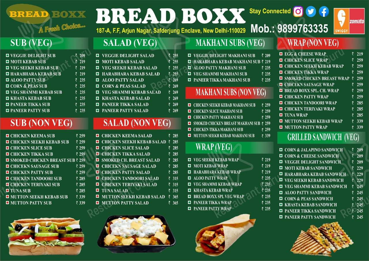 BreadBoxx menu - dishes and beverages