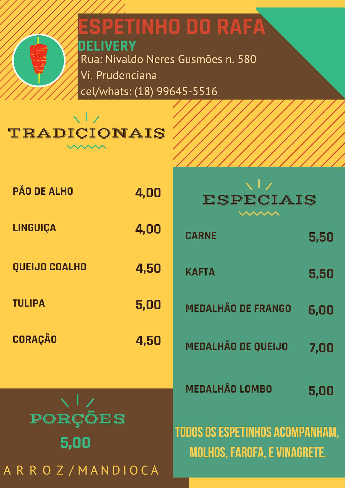 Espetinho do Rafa cardápio