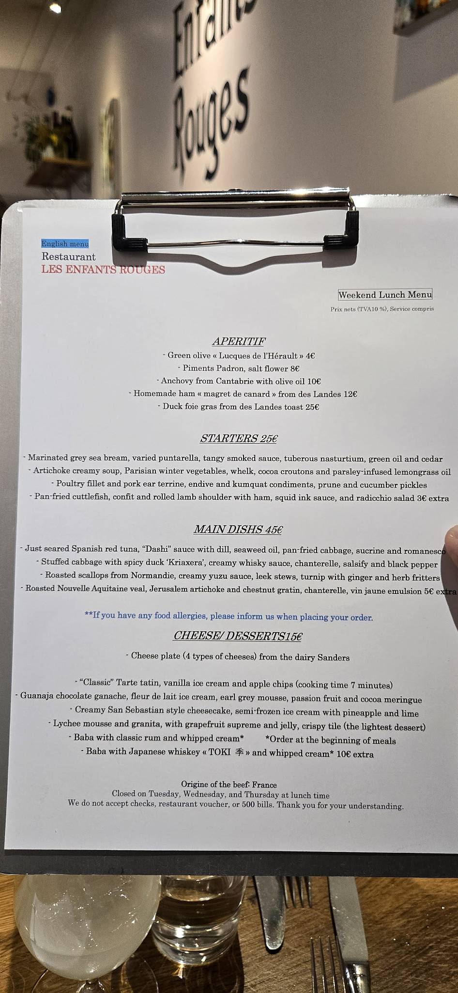 Menu de Les Enfants Rouges