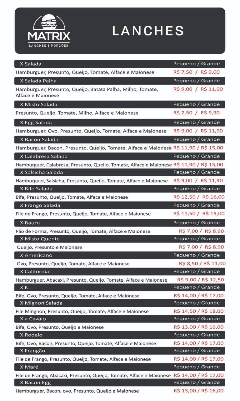 Matrix Jacarèzinho PR cardápio