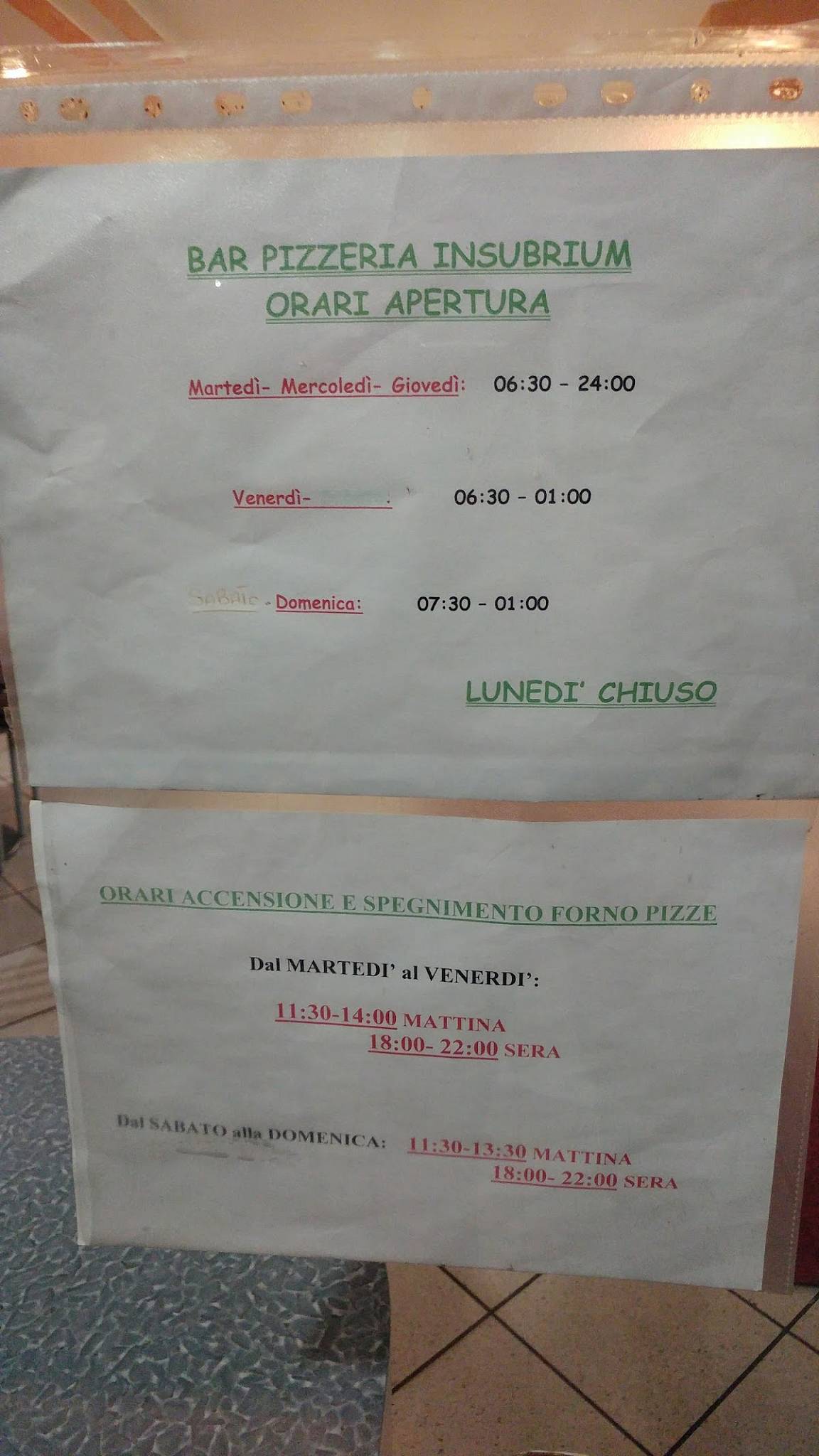 Menu di Pizzeria Bar Insubrium 