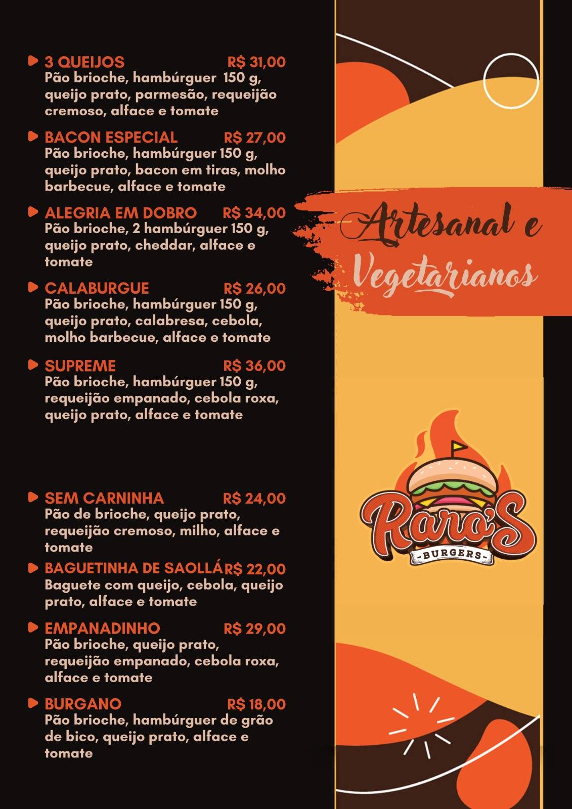 Raro's Burgers cardápio