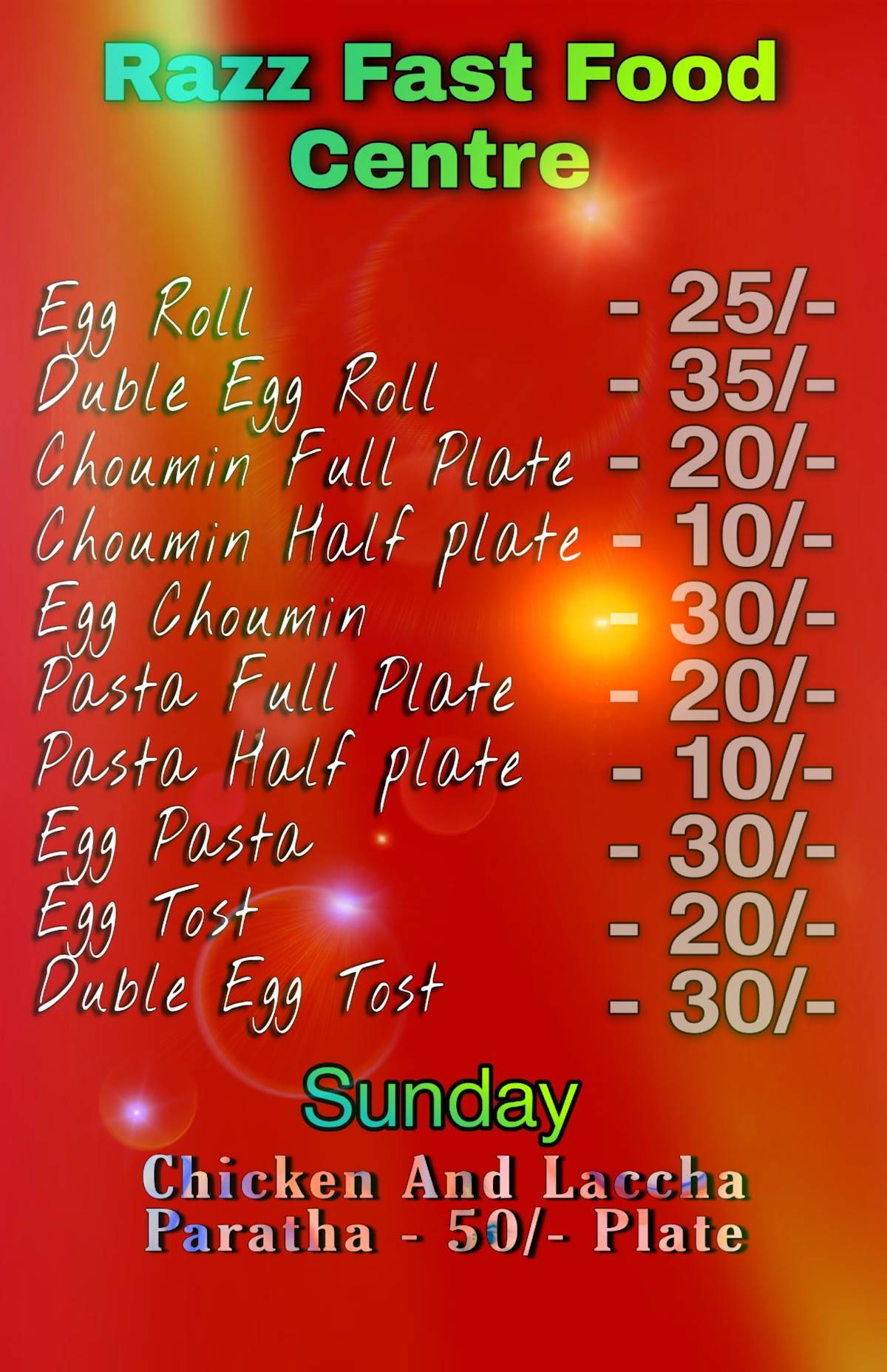 Razz Fast Food Centre menu