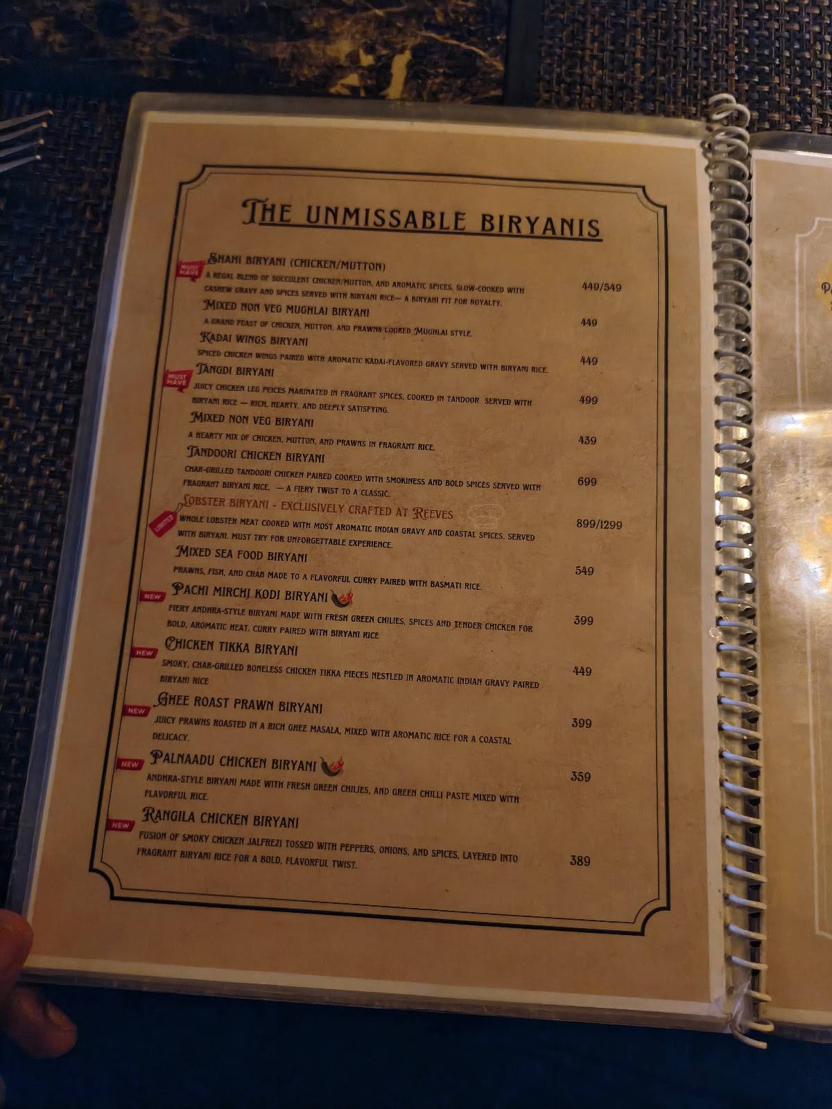 Reeves Restaurant menu
