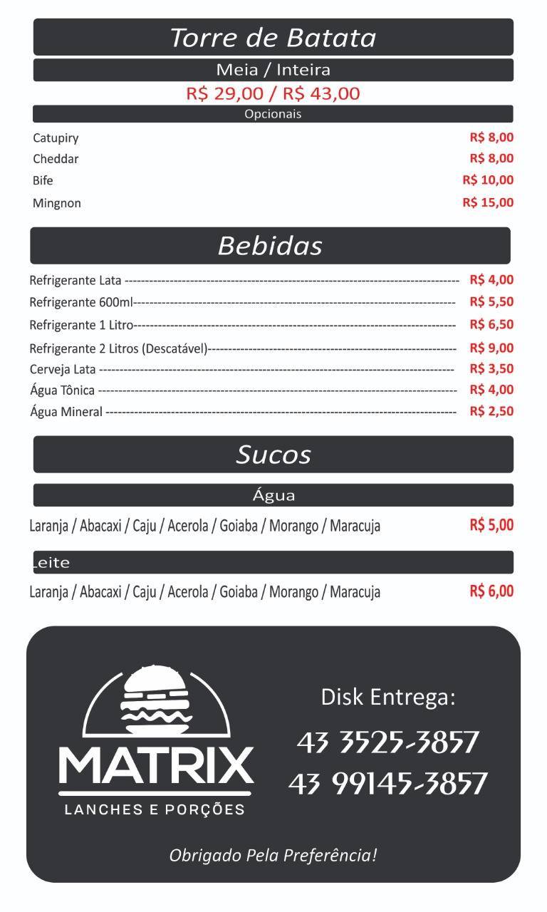 Matrix Jacarèzinho PR cardápio