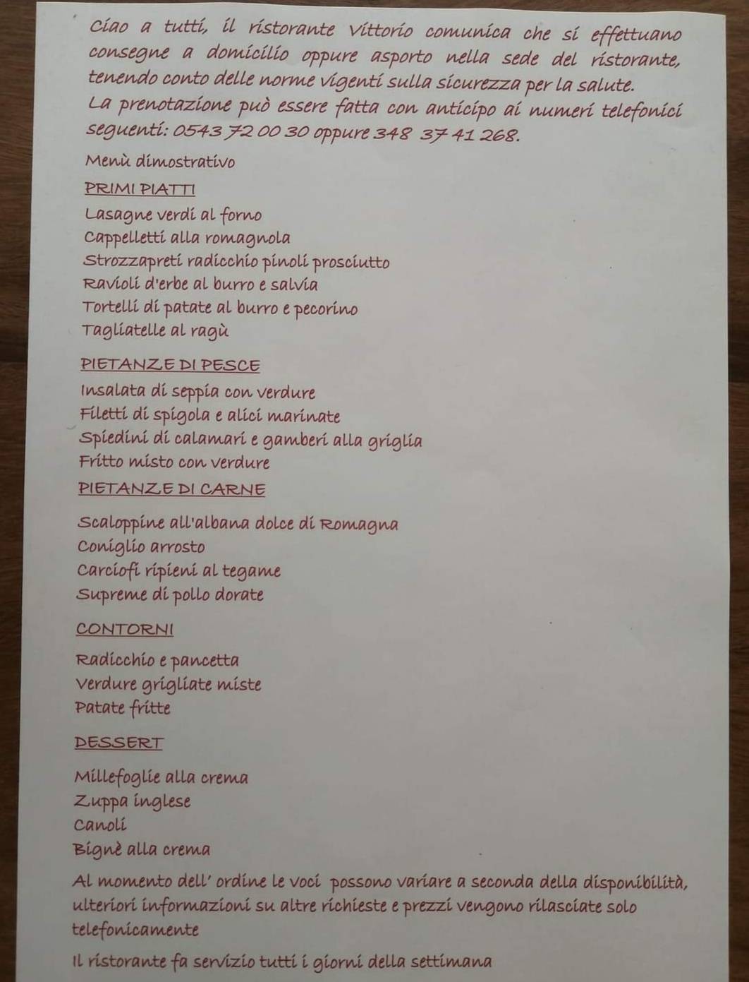 Menu di Ristorante Vittorio 