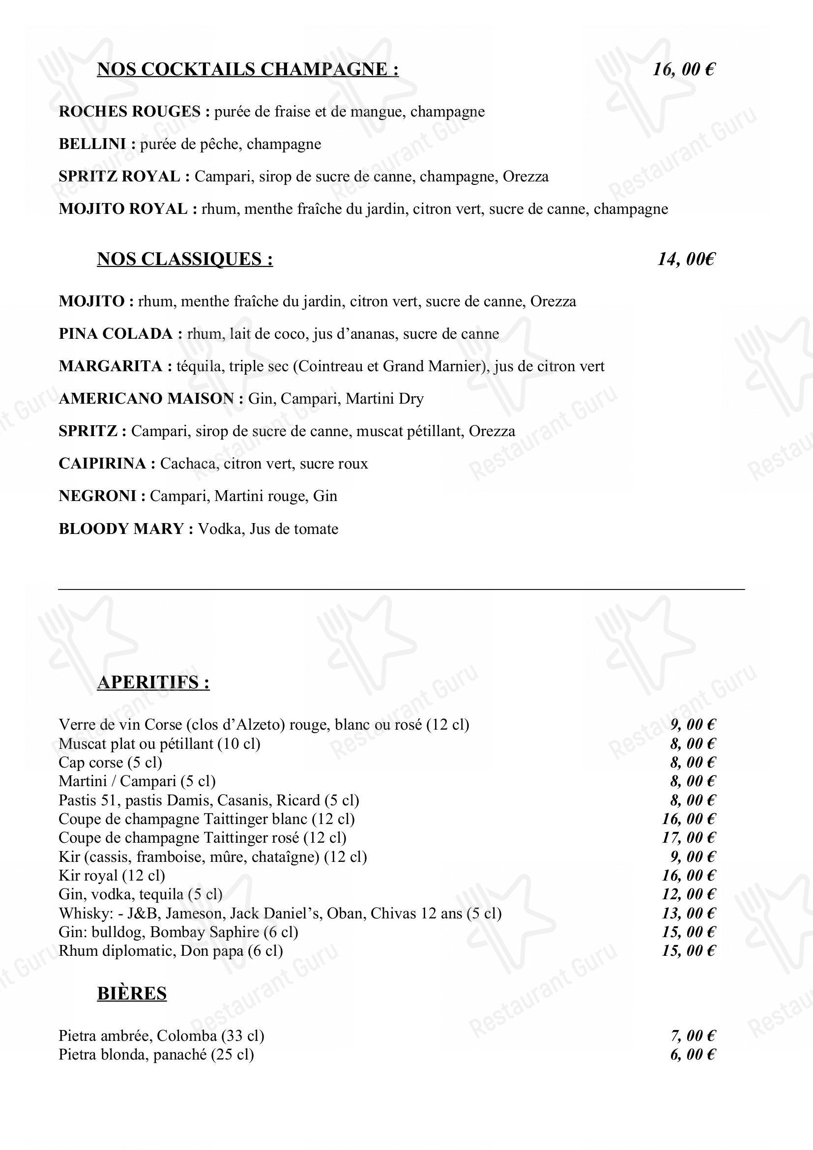 Menu bar pour Les Roches Rouges dans Piana