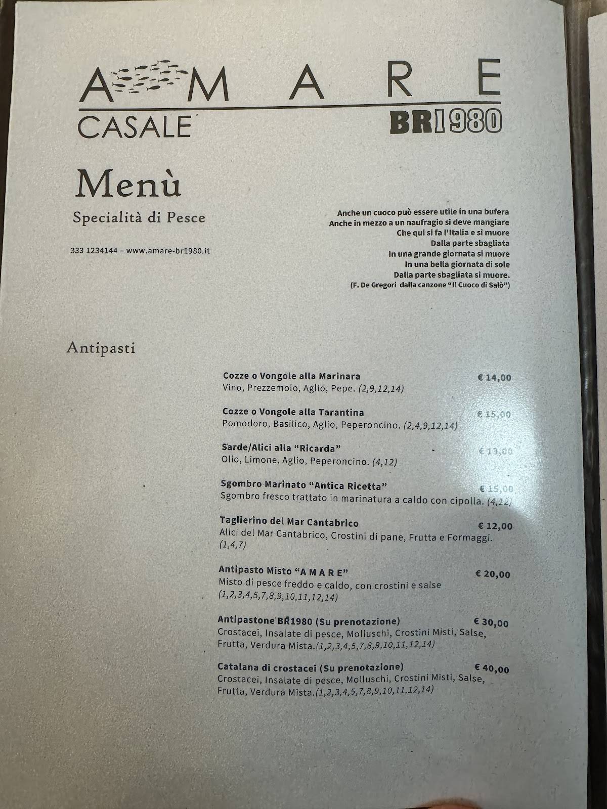 Menu di AMARE Ristorante 