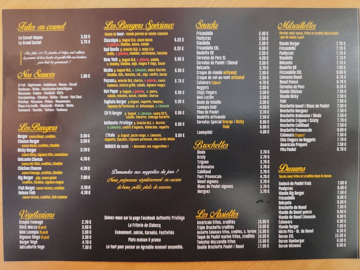 Menu de Authentic Privilège