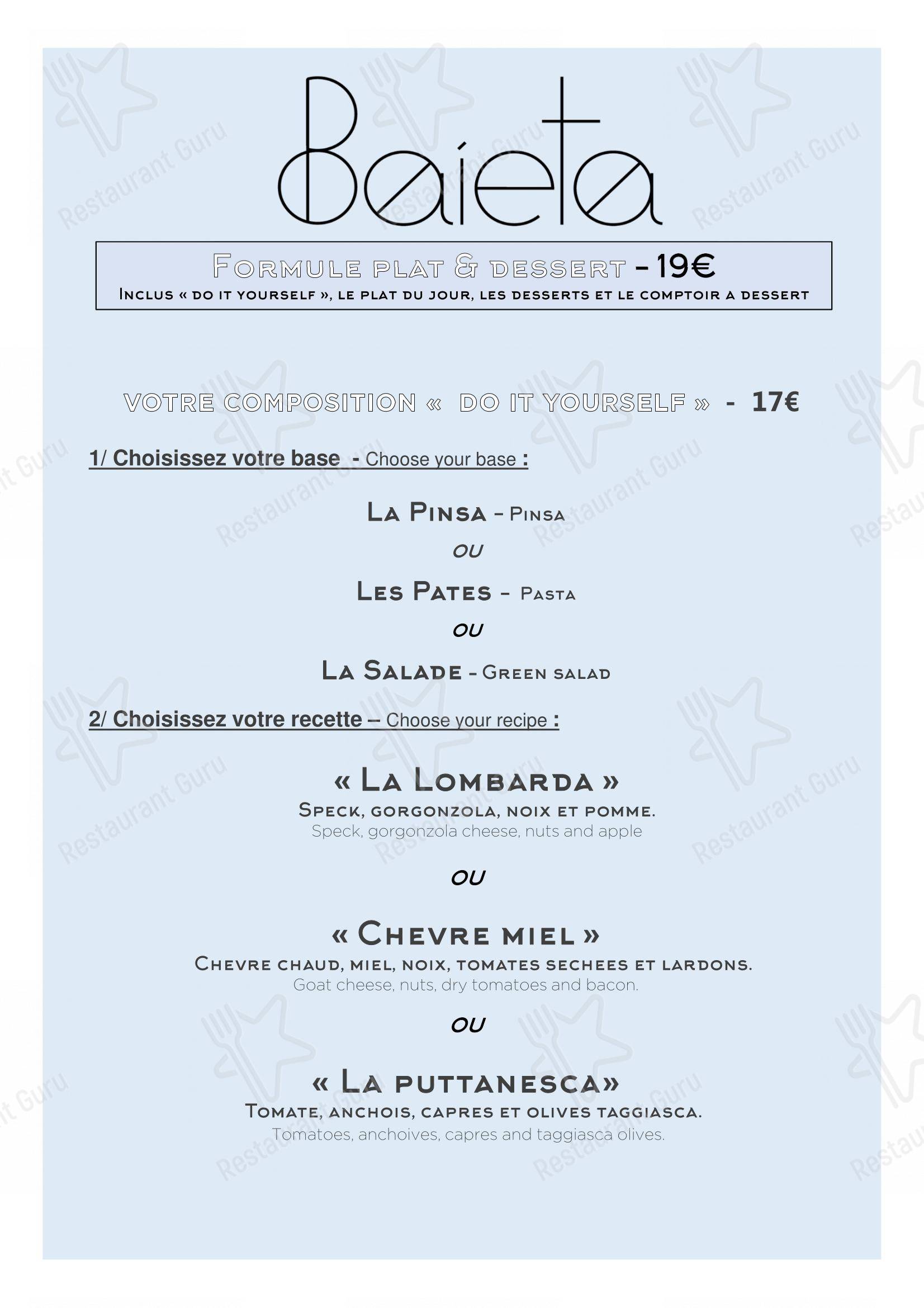Menu pour BAIETA dans Nice