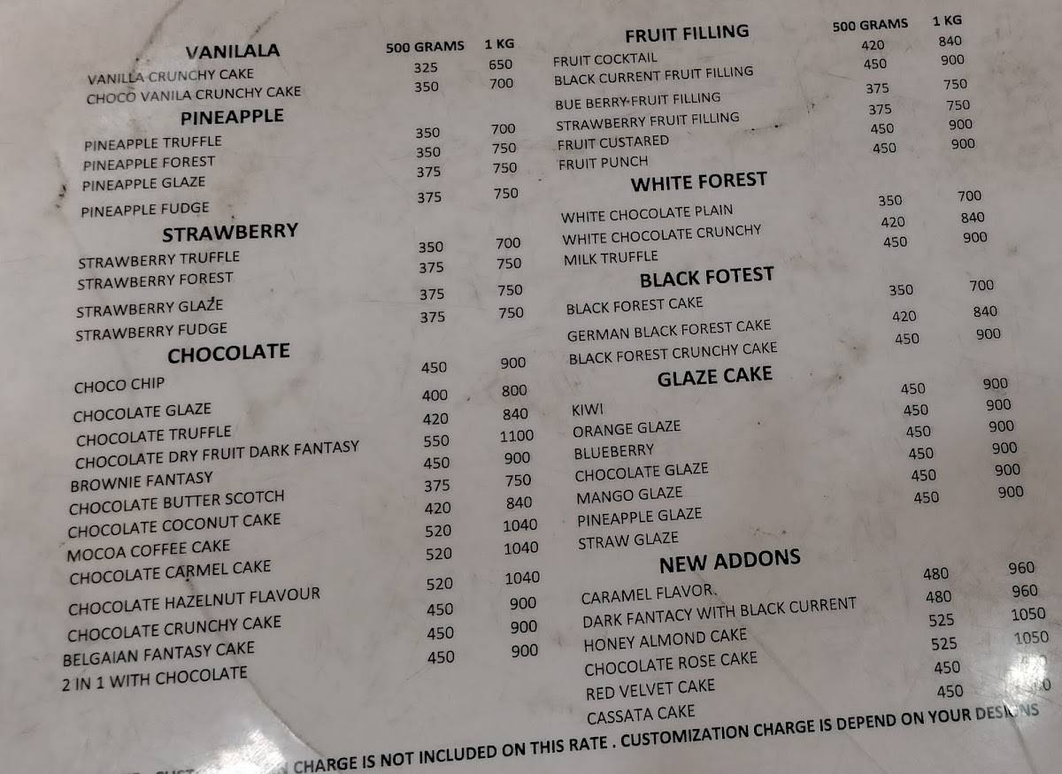 Cake Variations menu