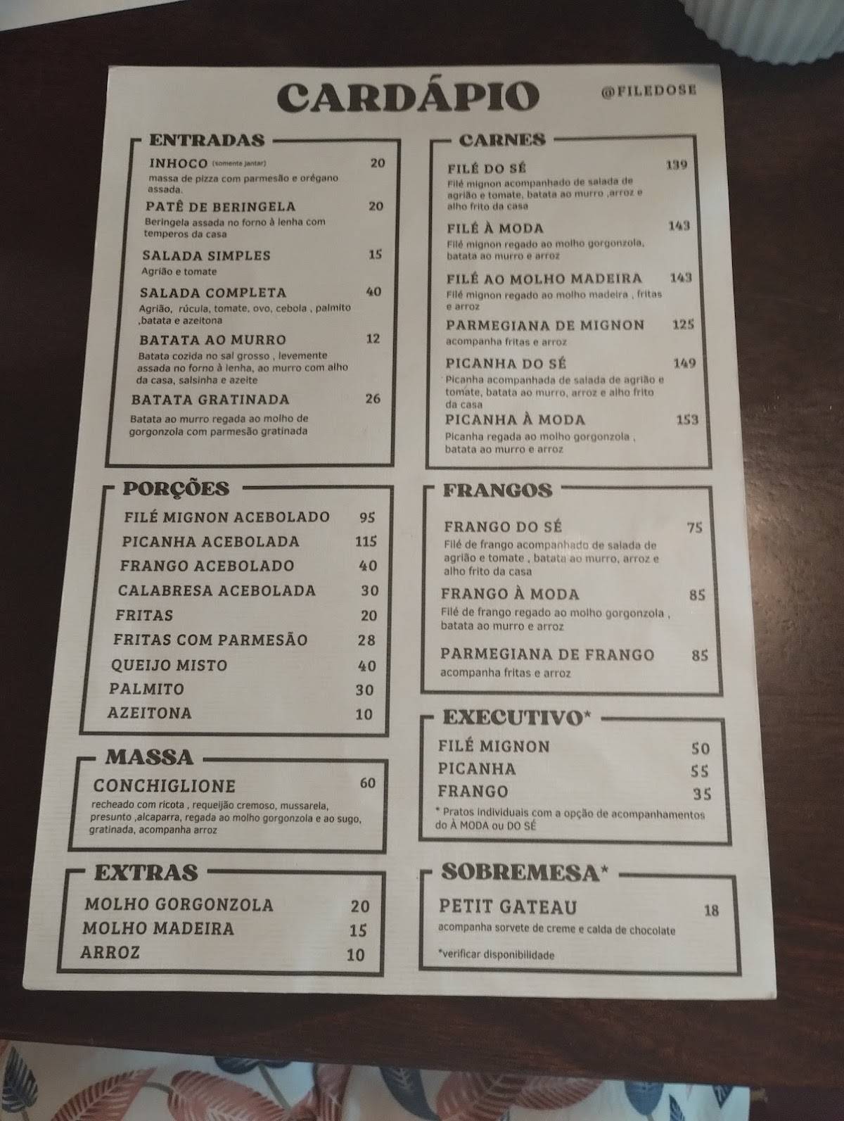 Filé do Sé cardápio