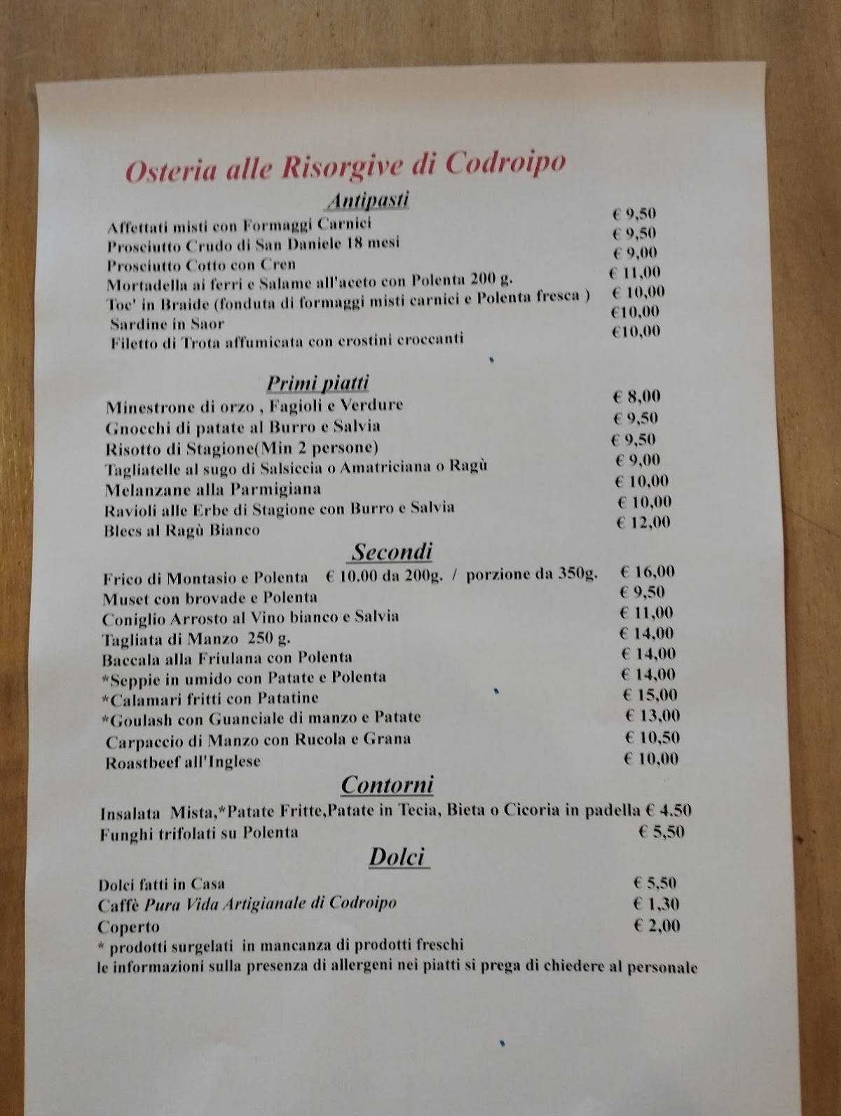Menu di OSTERIA ALLE RISORGIVE 