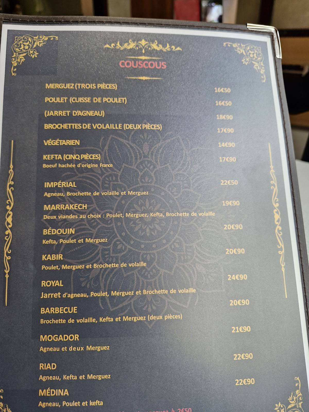 Menu de Restaurant Le Riad