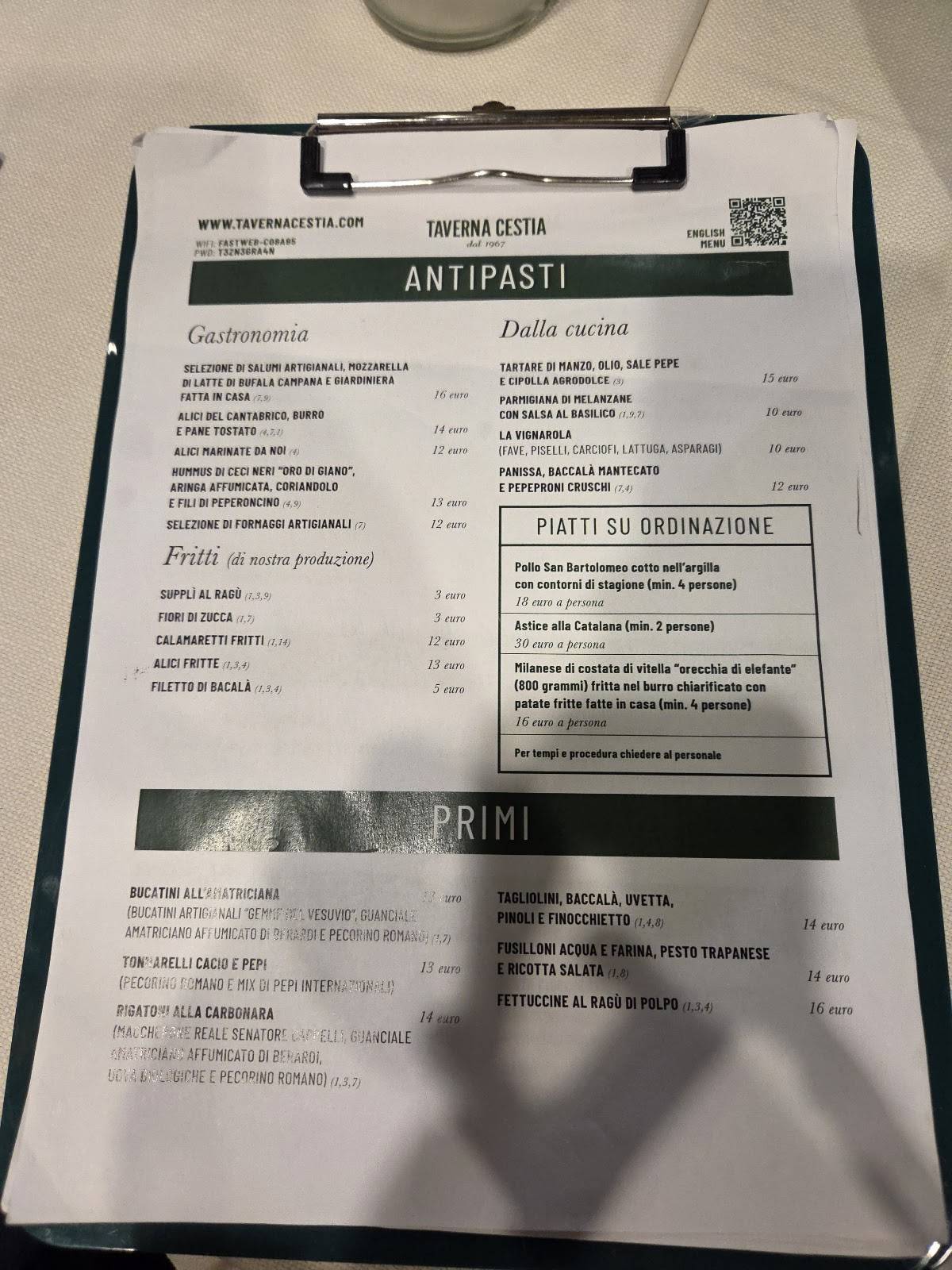 Menu di Taverna Cestia Roma 