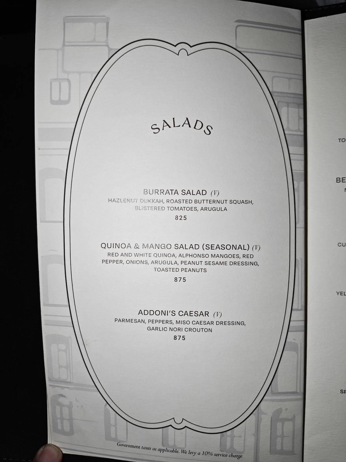 Addoni's menu