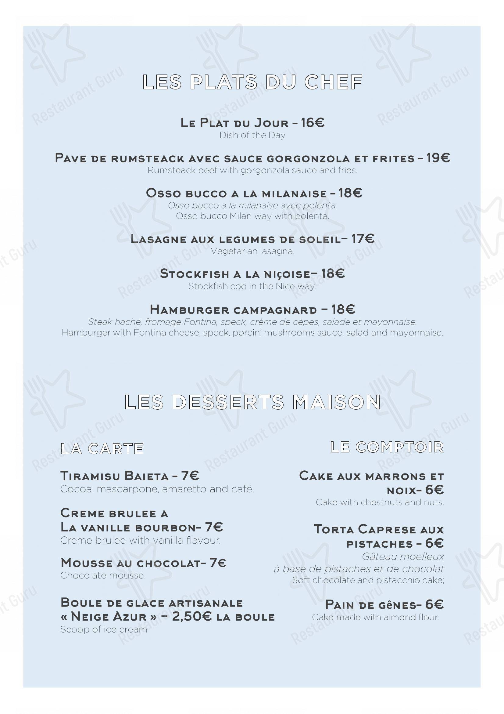 Menu pour BAIETA dans Nice