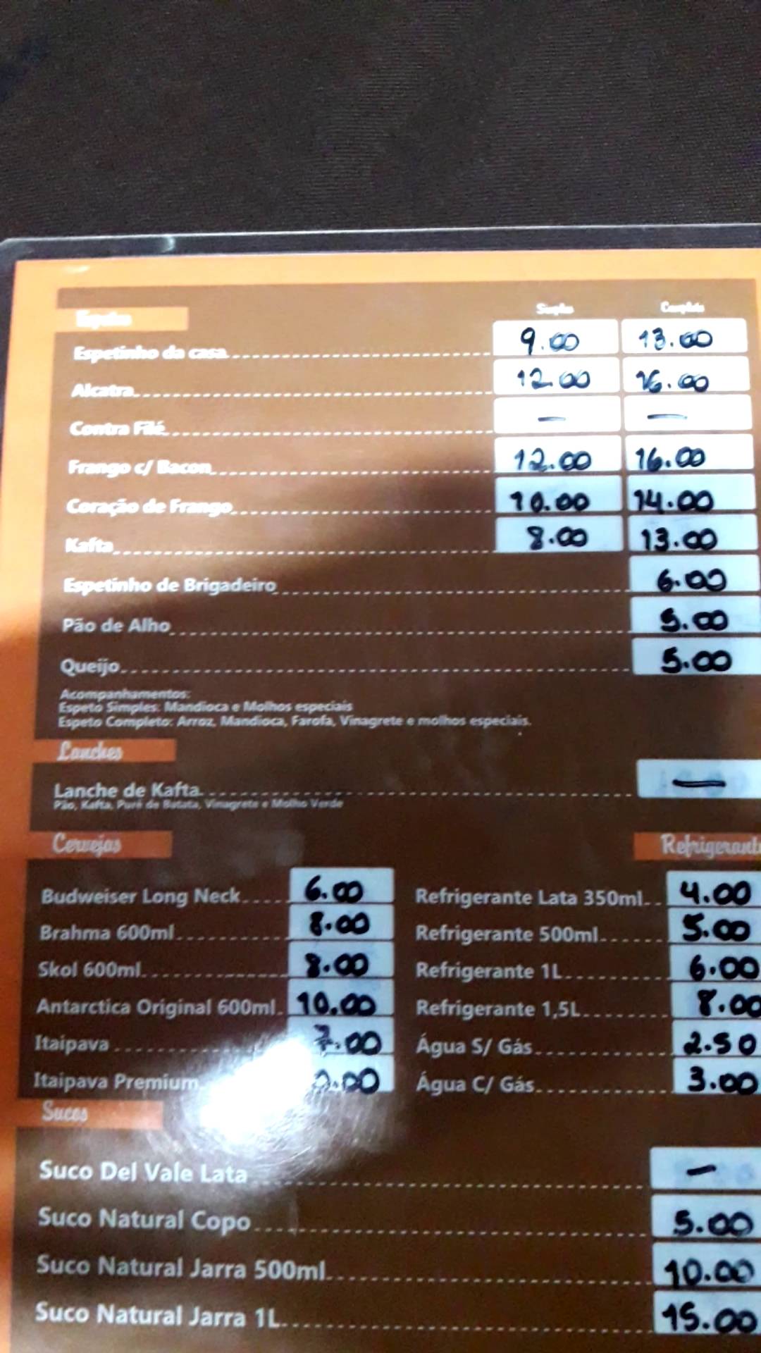 Container Espetos cardápio