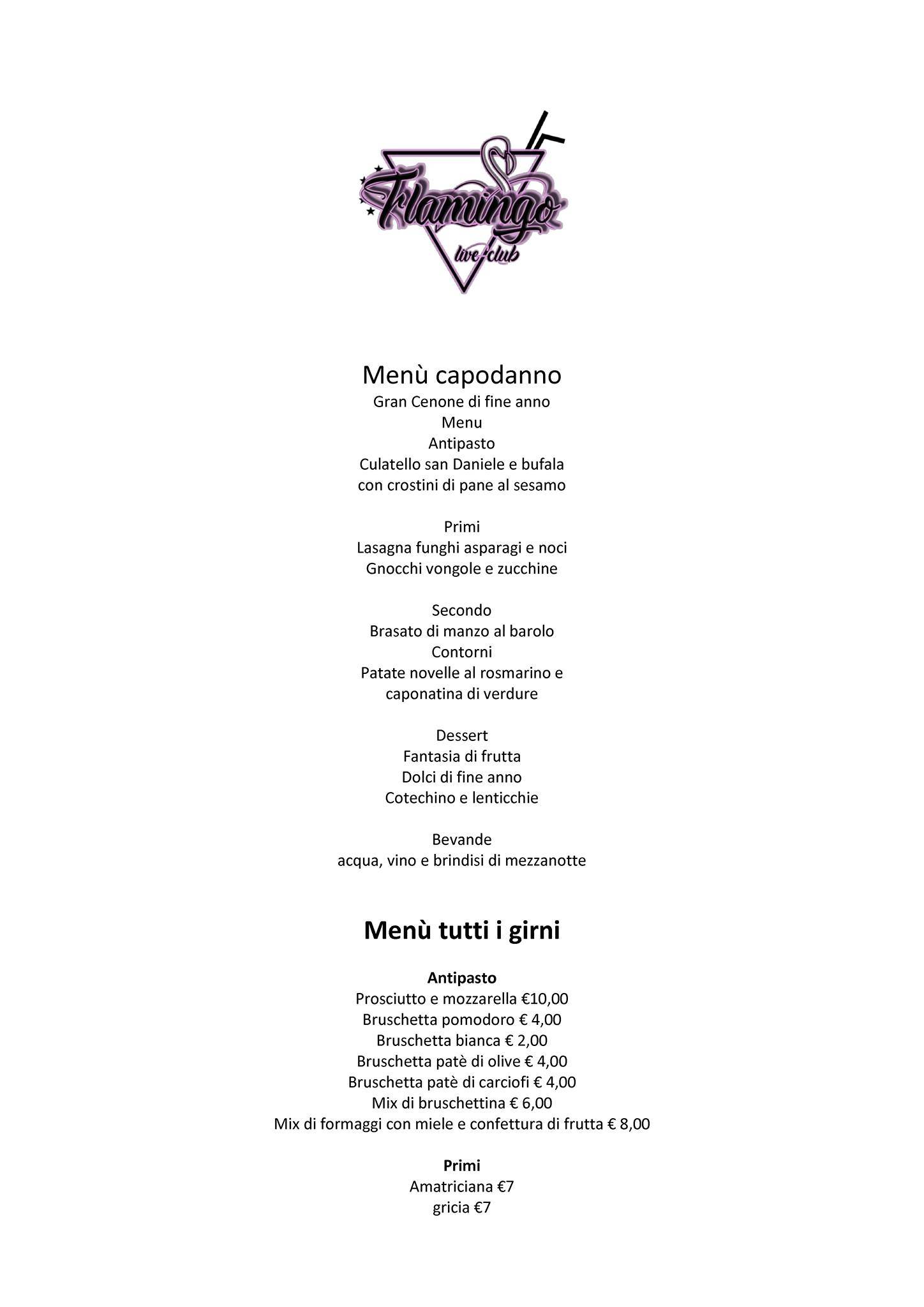 Menu di Flamingo Club Roma 