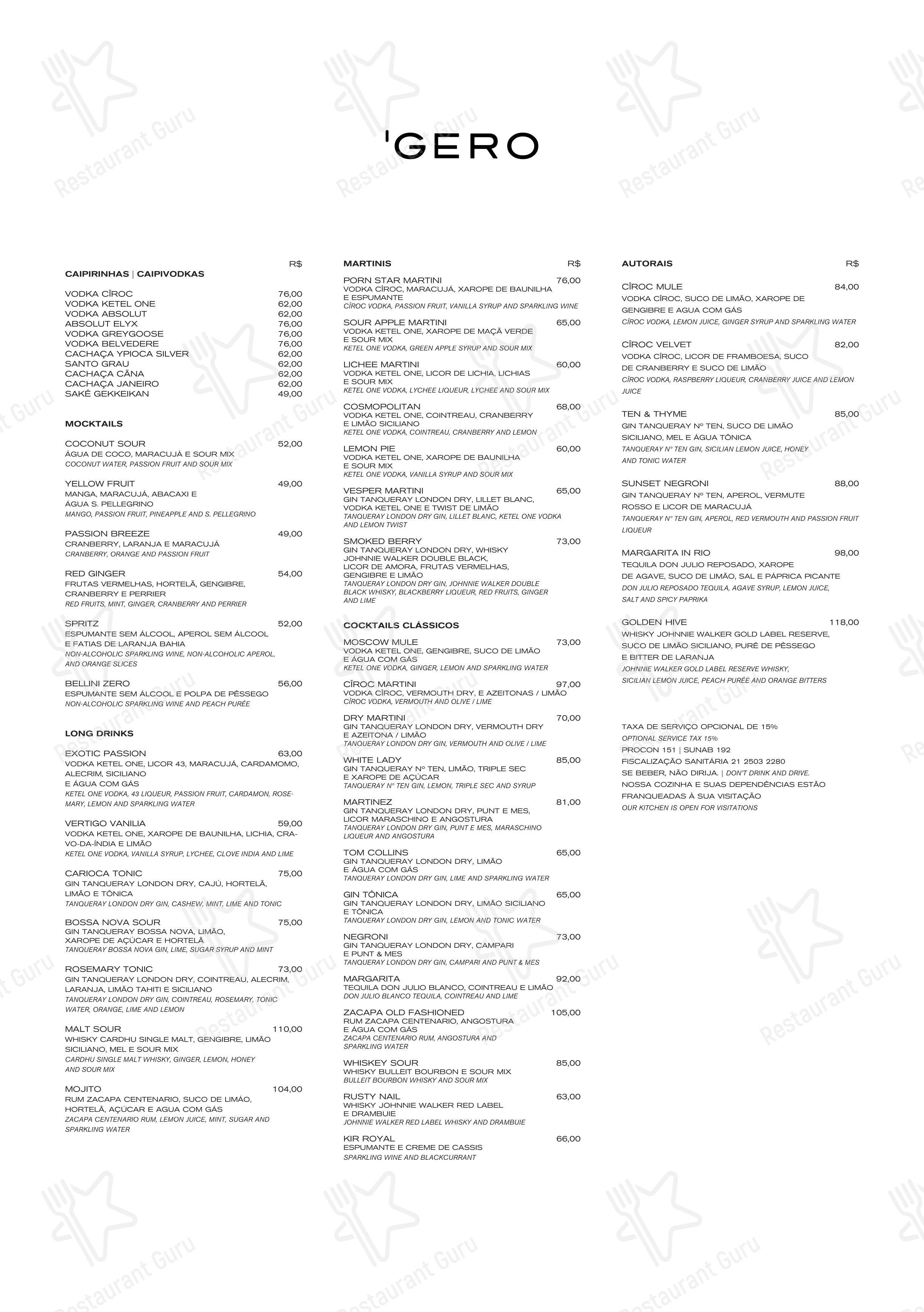 Menu bar para Gero Rio restaurante