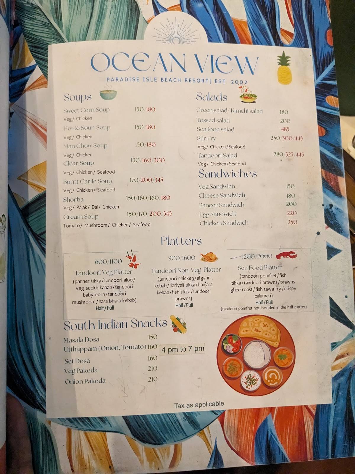 Ocean View menu