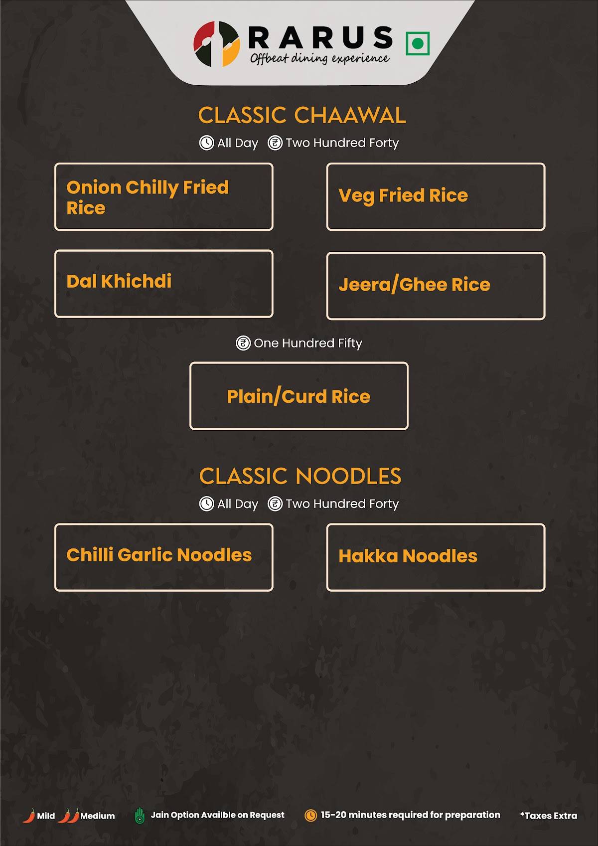 Rarus - Offbeat Dining Experience menu