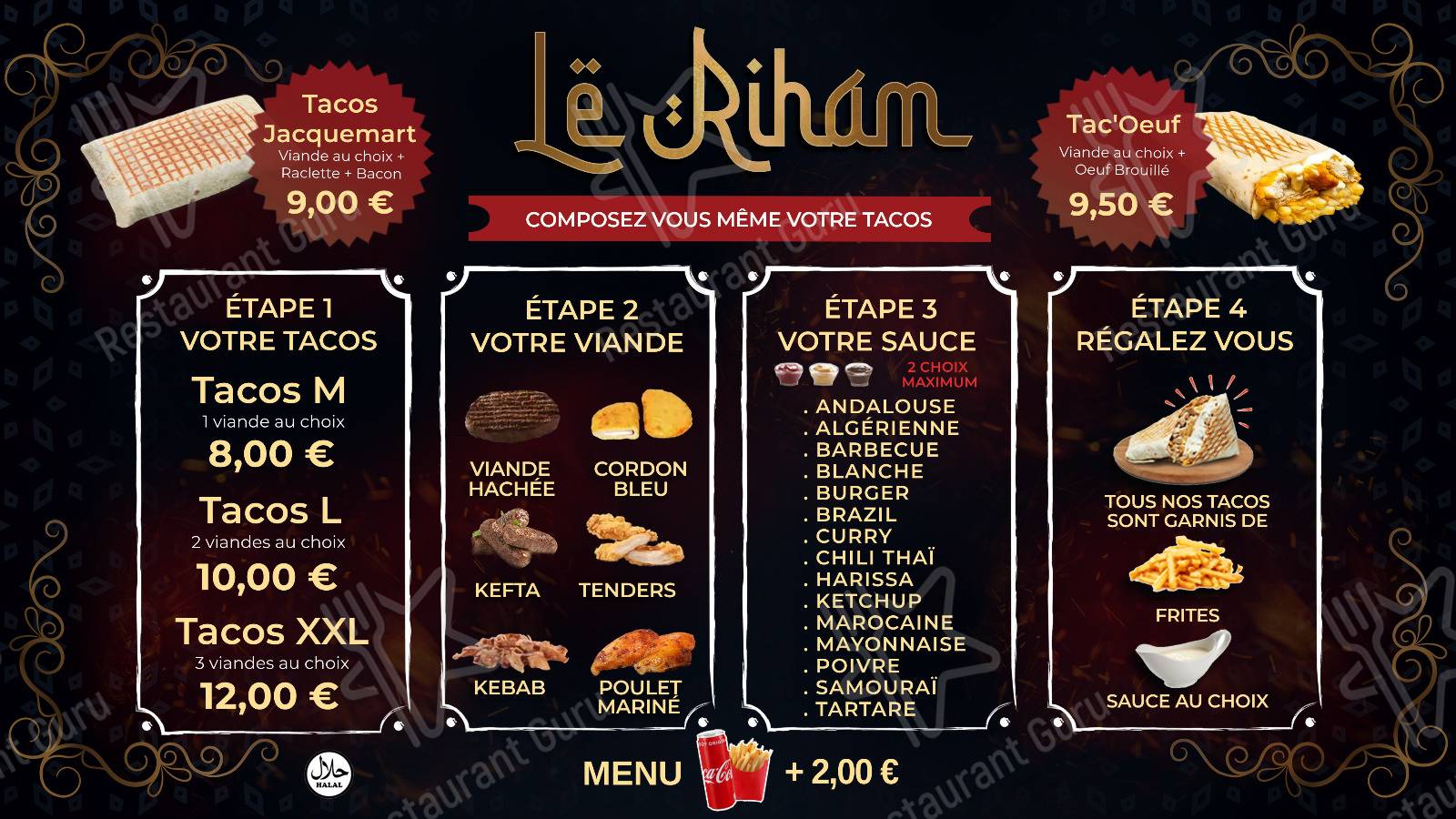 Menu pour Le Riham - plats et boissons