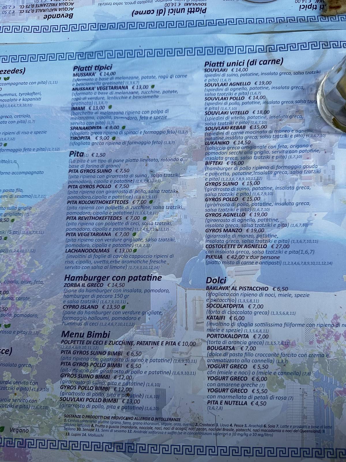 Menu di Ristorante greco zorbas Rimini 
