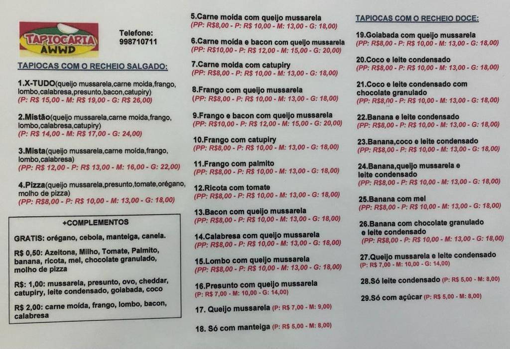 Tapiocaria Vovó Lica - AWWD cardápio