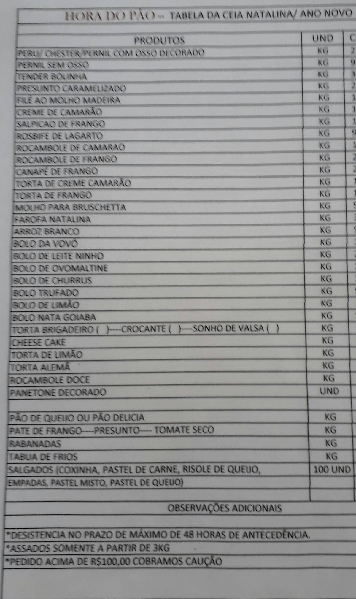 Hora do Pão cardápio