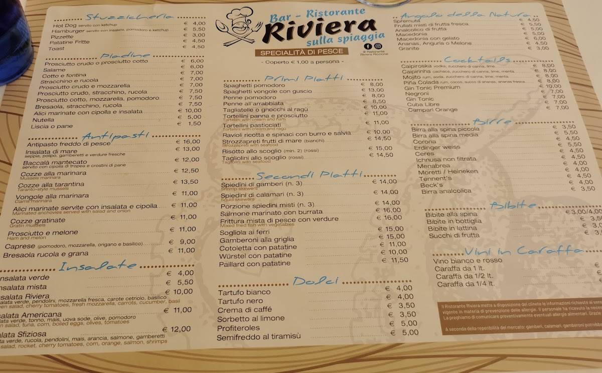 Menu di Bar Ristorante Riviera 