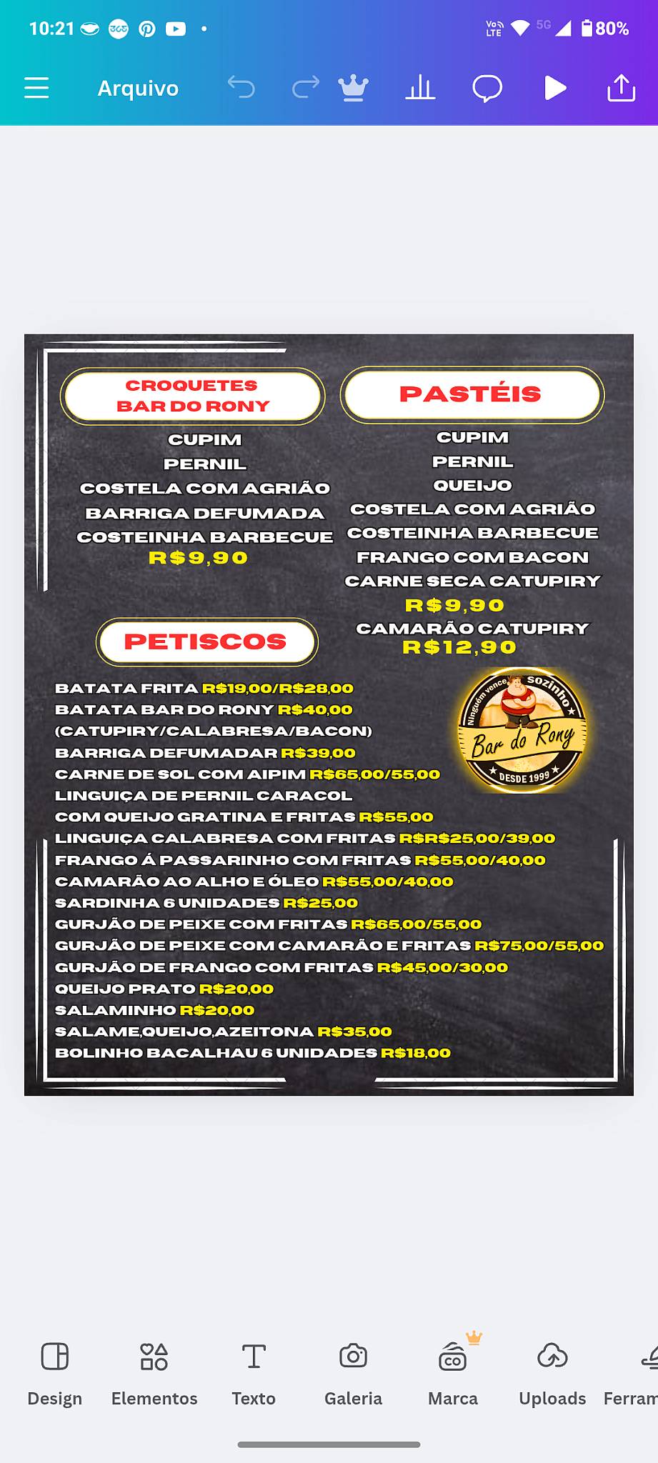 Bar e Restaurante do Rony cardápio