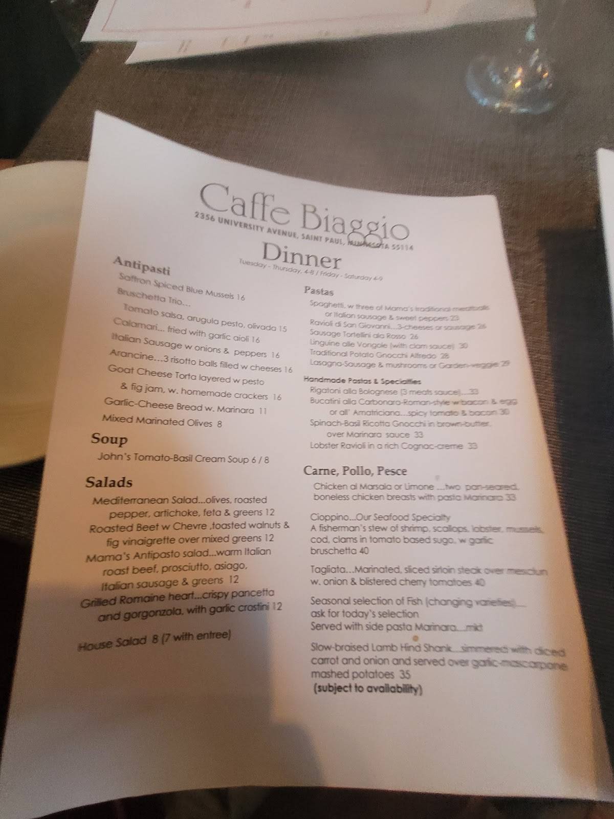 Caffe Biaggio menu