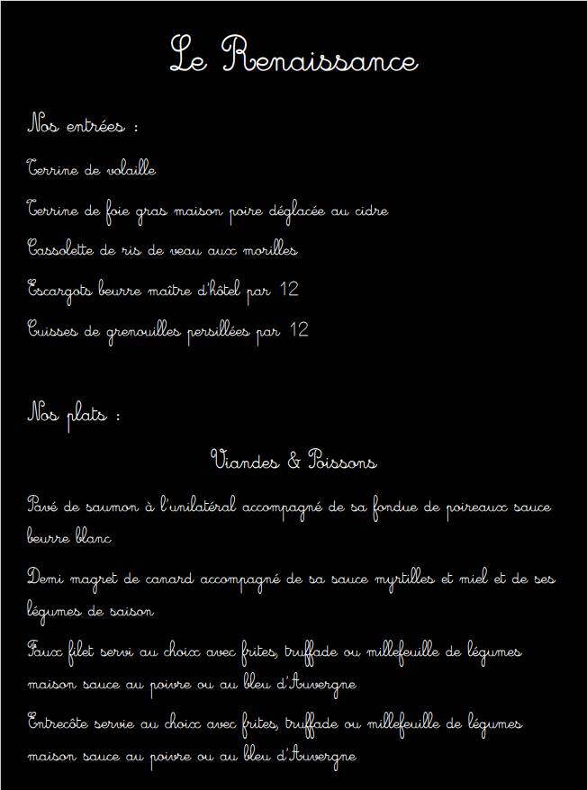 Menu de Le Renaissance Hôtel Restaurant Aurillac