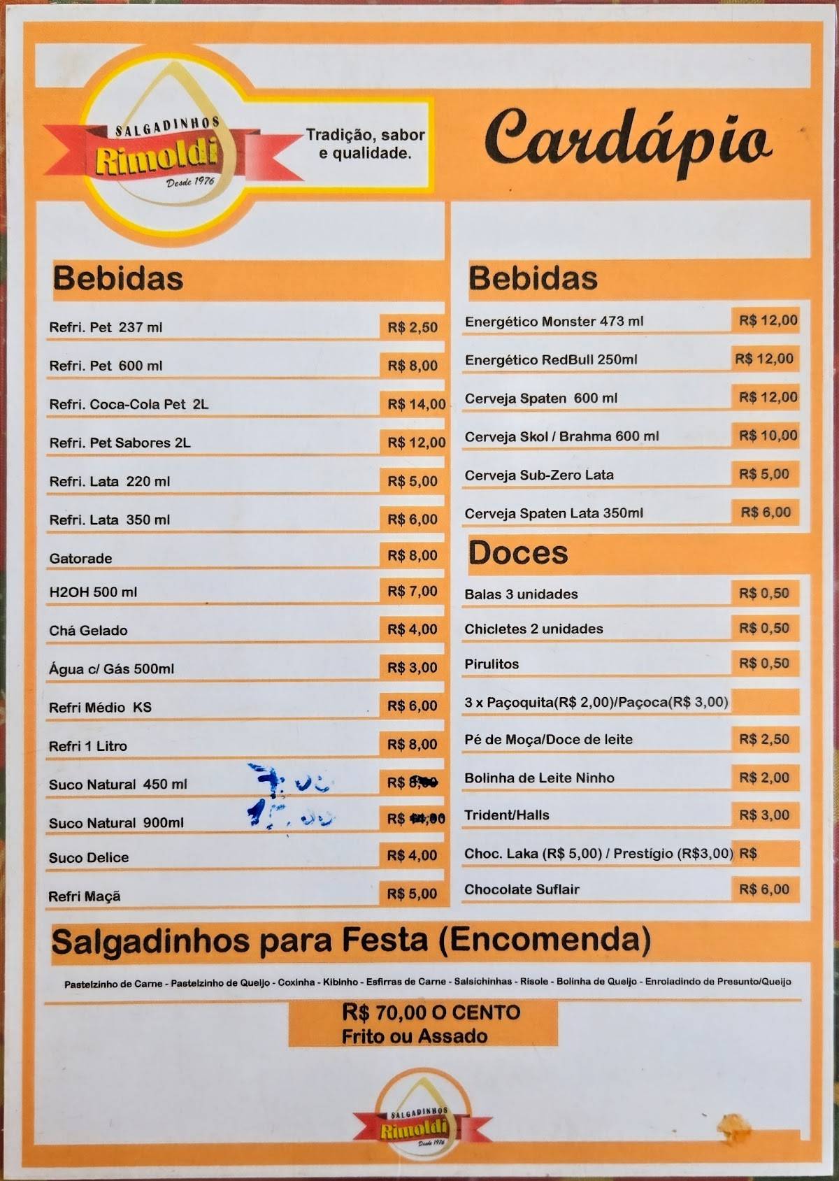 Pastelaria Rimoldi cardápio