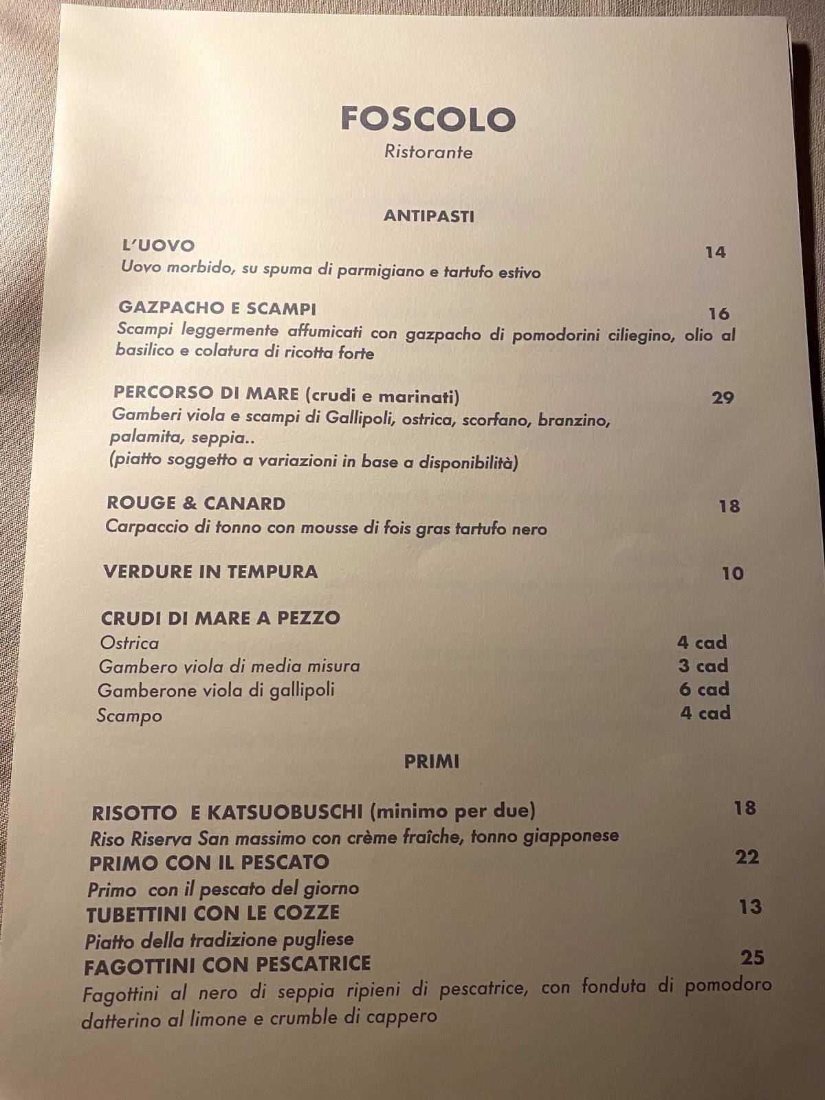 Menu di Foscolo Ristorante e Cocktail Bar 
